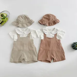 Summer baby solid color strap romper and hat set, cute infant casual short sleeve clothes outfit.