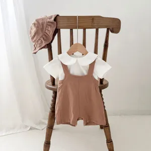 Summer infant baby solid color strap romper hat set, cute baby clothing set with collar shirt.
