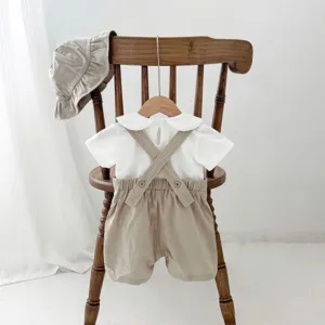 Summer infant baby solid color suspender romper and hat set, Korean style cute toddler outfit.