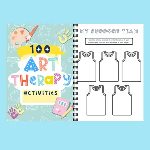 Art-therapie activiteitenboekpagina met ondersteuningsteam sjabloon en tekeningen.