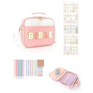 Multi-functional portable Bible case bag set with multi-compartments and stationery pens.