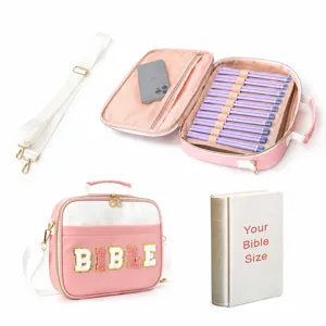 Pink bible case size chart showing multi-functional storage dimensions and detailed layout.
