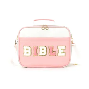 Multifunctional Pink Book Storage Bag Cute Letter Shoulder Handbag Large Capacity