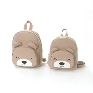 Cute corduroy bear backpack casual school bag twin display in beige colour for kids daily use