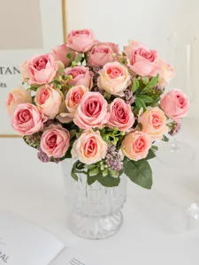 Artificial rose flower bouquet with glass vase for home decor wedding table arrangement detail