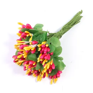 Künstliche zweifarbige Beeren Blumenpistille DIY Basteln Blumen Zubehör mit grünen Blättern.