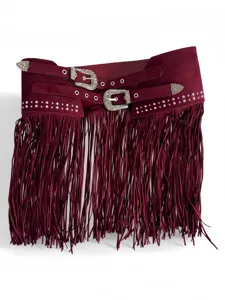 Y2K Western Cowboy Rivet Suede Fringe Extra-Wide Double Buckle Waist Belt Detail Shot