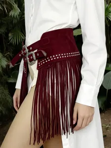 Y2K Western Style Suede Fringe Belt Wide Double Buckle Rivet Waist Skirt Detail Shot