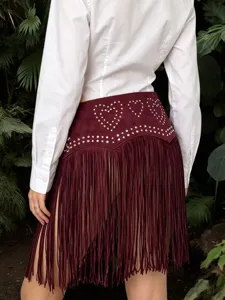 Y2K Western Cowboy Fringe Waist Skirts Burgundy Suede Rhinestone Heart Belt Detail