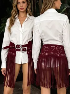 Y2K Western suede fringe waist belt with double buckles and studded hearts for women fashion