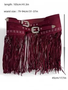 Detailed view of the wide burgundy western fringe belt showing overall length and size.
