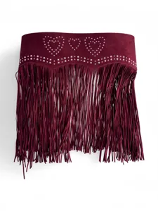 Burgundy suede fringe wide belt with metal stud heart details, Western Y2K style accessory.