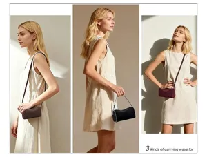 Details showing the elegant cylindrical pillow bag worn in different versatile carrying ways.