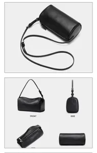 Detailed multi-angle view of stylish black cylindrical leather crossbody bag and pencil pouch.