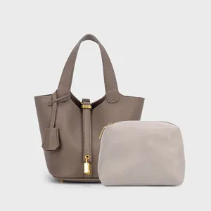PU leather bucket handbag with pouch stylish mother child bag set taupe casual daily tote