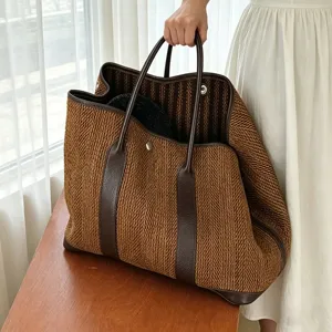 Stylish brown woven tote bag with leather trim, large capacity shoulder handbag for women