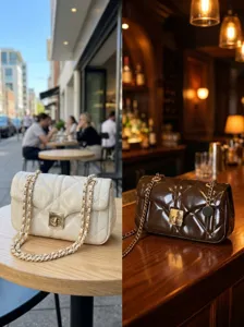 Sac bandoulière matelassé en cuir ciré français avec chaîne pour un style élégant.
