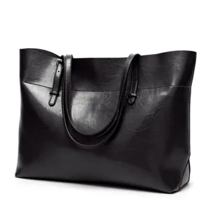 Black leather tote bag for women shoulder handbag large capacity daily casual travel bag
