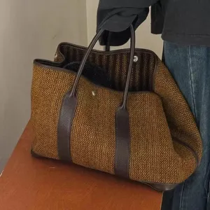 Autumn winter wool blend tote bag brown shoulder bag stylish large capacity handbag for women