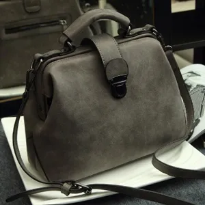 Vintage grey women doctor bag PU leather top handle handbag retro fashion crossbody bag.