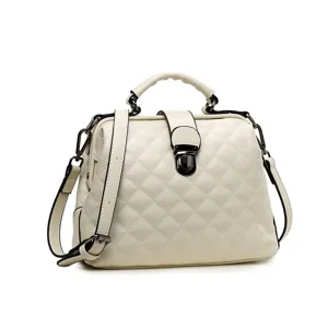 Retro white quilted doctor bag with top handle and crossbody strap, stylish PU leather handbag.