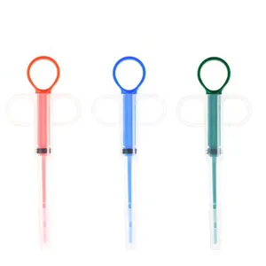 Close up of plastic pet pill feeder syringe with colorful ring handle for easy medicine feeding.