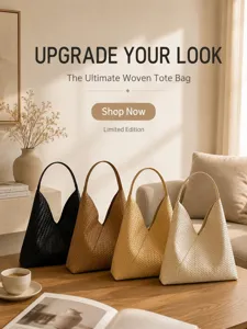 Detailed shot of retro woven tote shoulder bags in multiple colors showcased on a wooden table.
