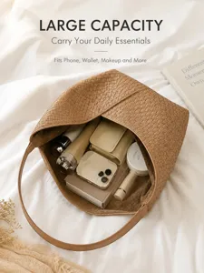 Woven leather tote bag interior detail, large capacity casual hobo shoulder bag for daily use.