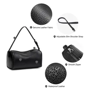 Black leather barrel shoulder bag with adjustable strap and smooth zipper for women daily use.