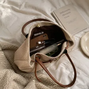 Retro large canvas tote bag for women, stylish brown leather handle casual commuter handbag.