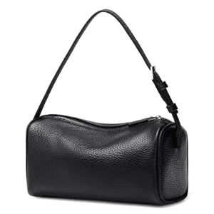 Black leather barrel shoulder bag for women, stylish cylinder handbag with adjustable strap.