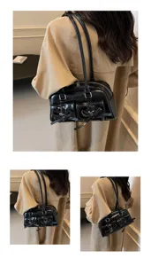 Vue détaillée du sac porté épaule noir en cuir avec nœud et poches avant élégantes.