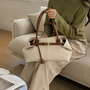 Vintage large capacity women tote bag casual commuting underarm shoulder bag with brown belt detail