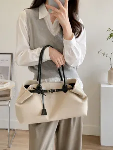 Large capacity beige tote bag for women, stylish PU leather handle shoulder handbag commuting.