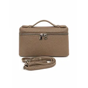 Mini leather vanity crossbody bag, stylish top handle lunchbox handbag for women casual daily.