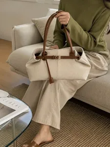 Casual canvas tote bag for women, large capacity retro shoulder bag with brown leather handles
