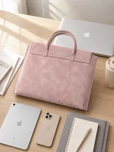 Pink suede laptop handbag detail view, lightweight briefcase and tablet sleeve for women daily commute.