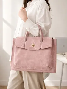 Pink business commuting laptop handbag detail, stylish PU leather tote bag with clover lock.