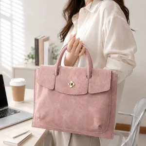 Pink PU leather business commuter laptop bag for women, lightweight office briefcase.