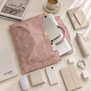 Pink leather laptop bag detail showcasing premium commuter briefcase design with multiple pockets.