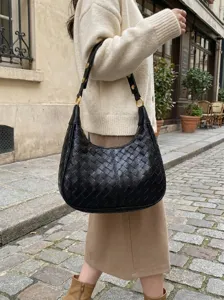 Black woven leather shoulder bag, vintage hobo underarm bag for women, chic daily fashion purse.
