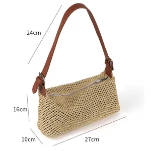 Bolso de hombro de paja vintage de verano para mujer, elegante bolso tejido con correa de cuero.