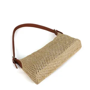 Bolso de hombro de paja tejida retro de verano para mujer, bolso casual de playa con correa.