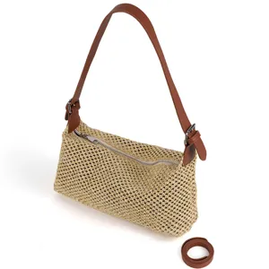 Bolso de hombro de paja tejida de verano para mujer, bolso retro de axila con correa de cuero.
