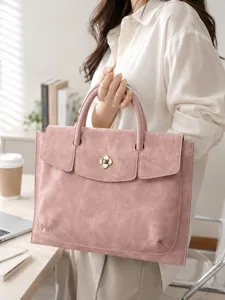 Women's pink business commuter laptop handbag, elegant PU leather briefcase with lock.