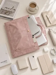 Chic pink PU leather laptop bag for women, lightweight commuter briefcase and sleeve.