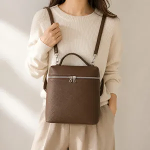 Sac à dos minimaliste en cuir marron pour femme, petit sac à bandoulière chic de style coréen.