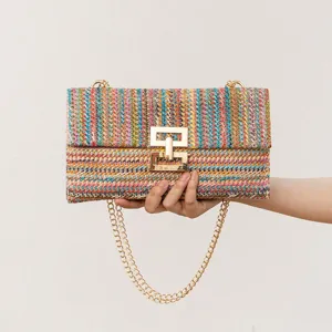 Women Colorful Straw Woven Shoulder Bag Vacation Style Chain Flap Crossbody Bag New