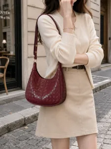 Stylish vintage woven leather hobo shoulder bag for women, chic casual underarm handbag.