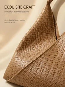 Close-up detail of the premium woven vegan leather bag, showcasing soft texture and durable make.
